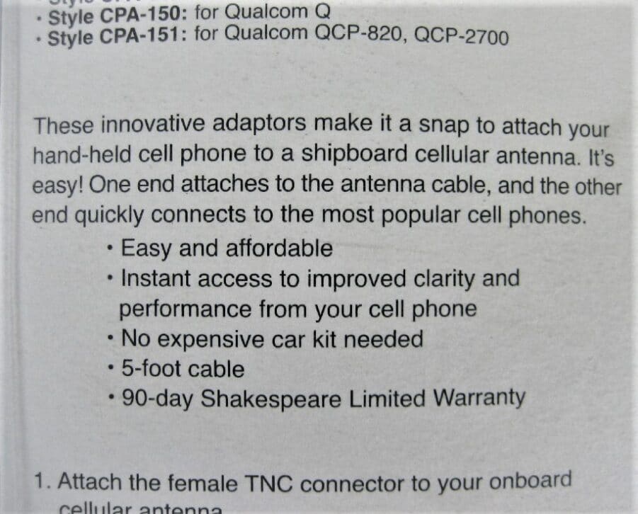 Shakespeare - Cell Phone Antenna Adaptor Cable - CPA-151 - QCP-820/QCP-2700 -New - Image 11