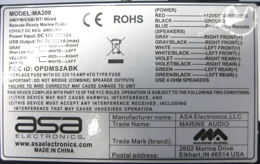 ASA Electronics MA200 AM FM USB BT Stereo Head Max Marine Electronics
