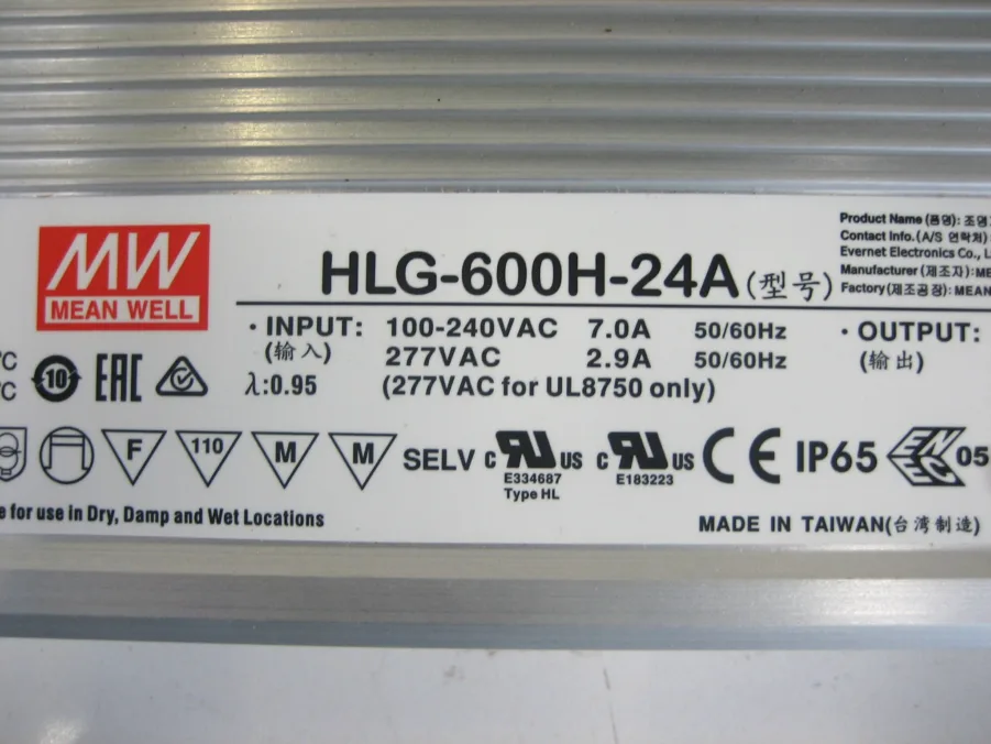 Mean Well HLG-600H-24A 24V LED Driver IP65, PFC 24 Volts 25 Amps Tested 90 Day Warranty NEW OPEN BOX - Image 6