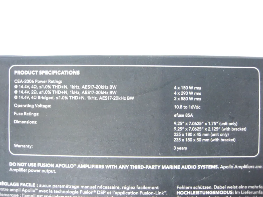 Fusion Apollo Series 4-Channel Marine Amplifier 150 watts RMS x4 New Open Box 90 Day Warranty - Image 13