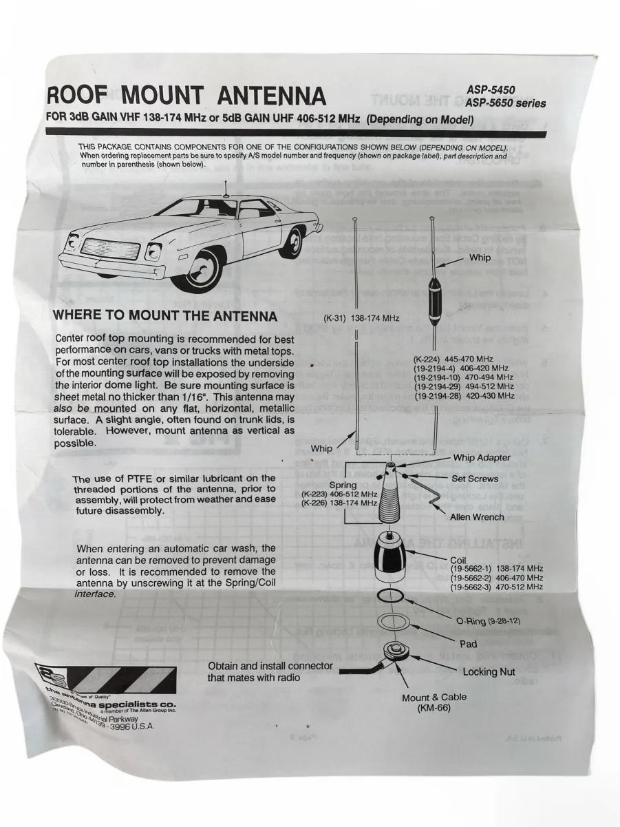 Antenna Specialists ASP5450 49" LowProfile VHF Roof Mount Antenna