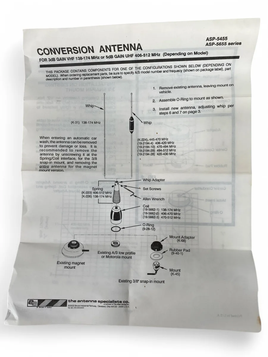 Antenna Specialists ASP5655 30" LowProfile UHF Mobile Conversion